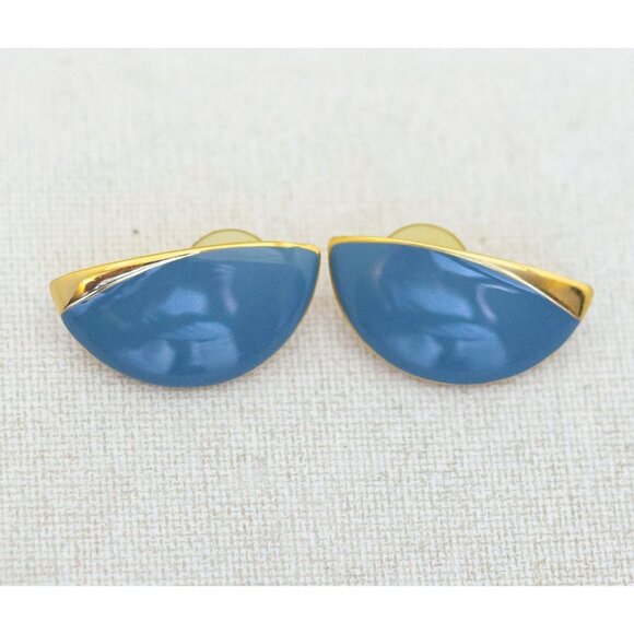 Vintage Semi Circle Aegean Blue Stud Earrings - J1 - Picture 1 of 3